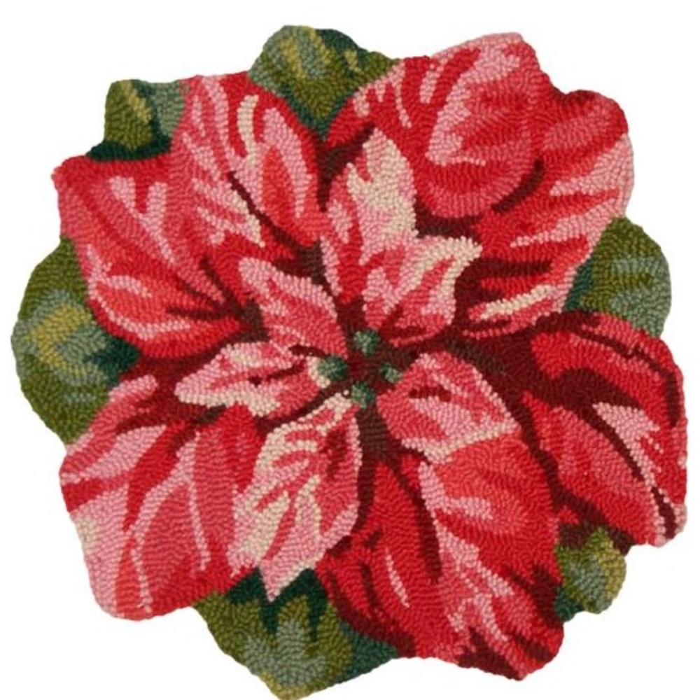 NWT Red Poinsettia 123 Creations C675-15rd 100% Wool Hand Hooked Chair Pad